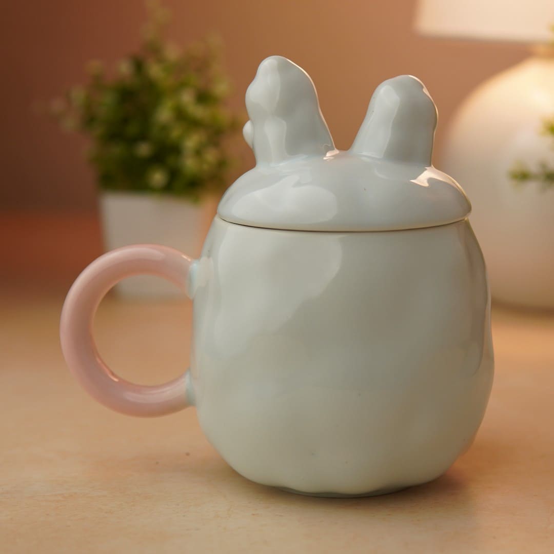 Blush Bunny Ceramic Mug (With Lid) - Blue