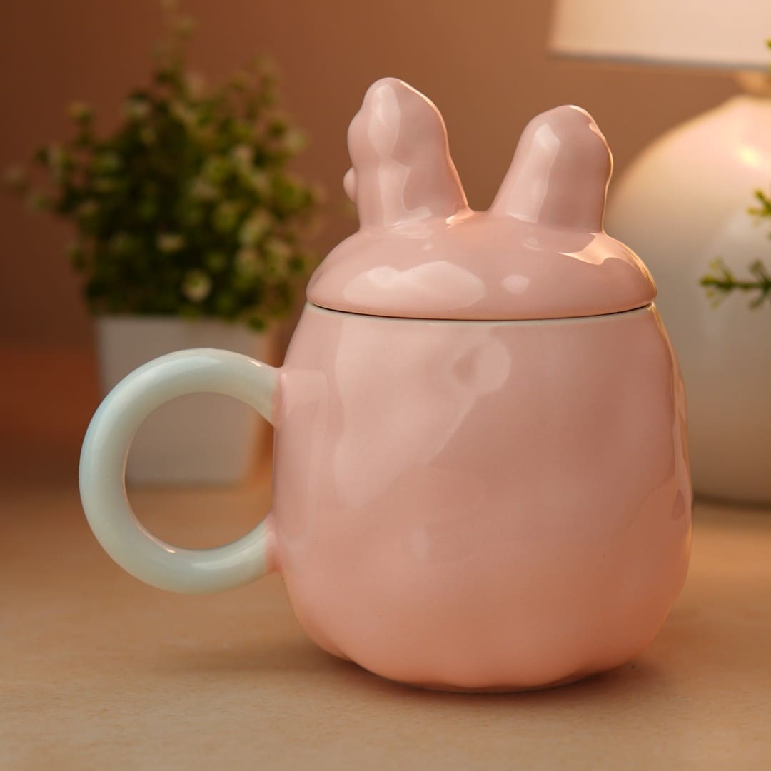 Blush Bunny Ceramic Mug (With Lid) - Pink