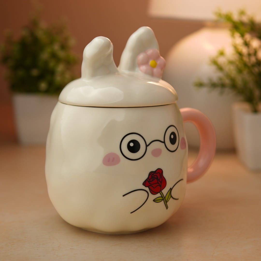 Blush Bunny Ceramic Mug (With Lid) - White