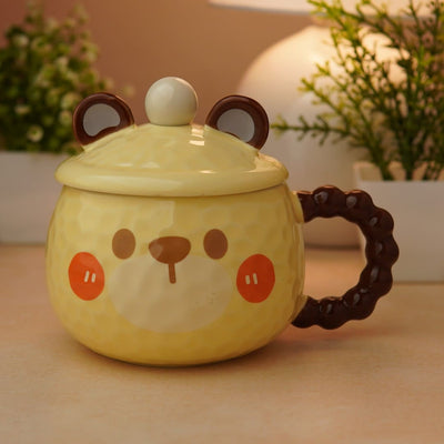 Mellow Bear Ceramic Mug (With Spoon and Lid) - Yellow