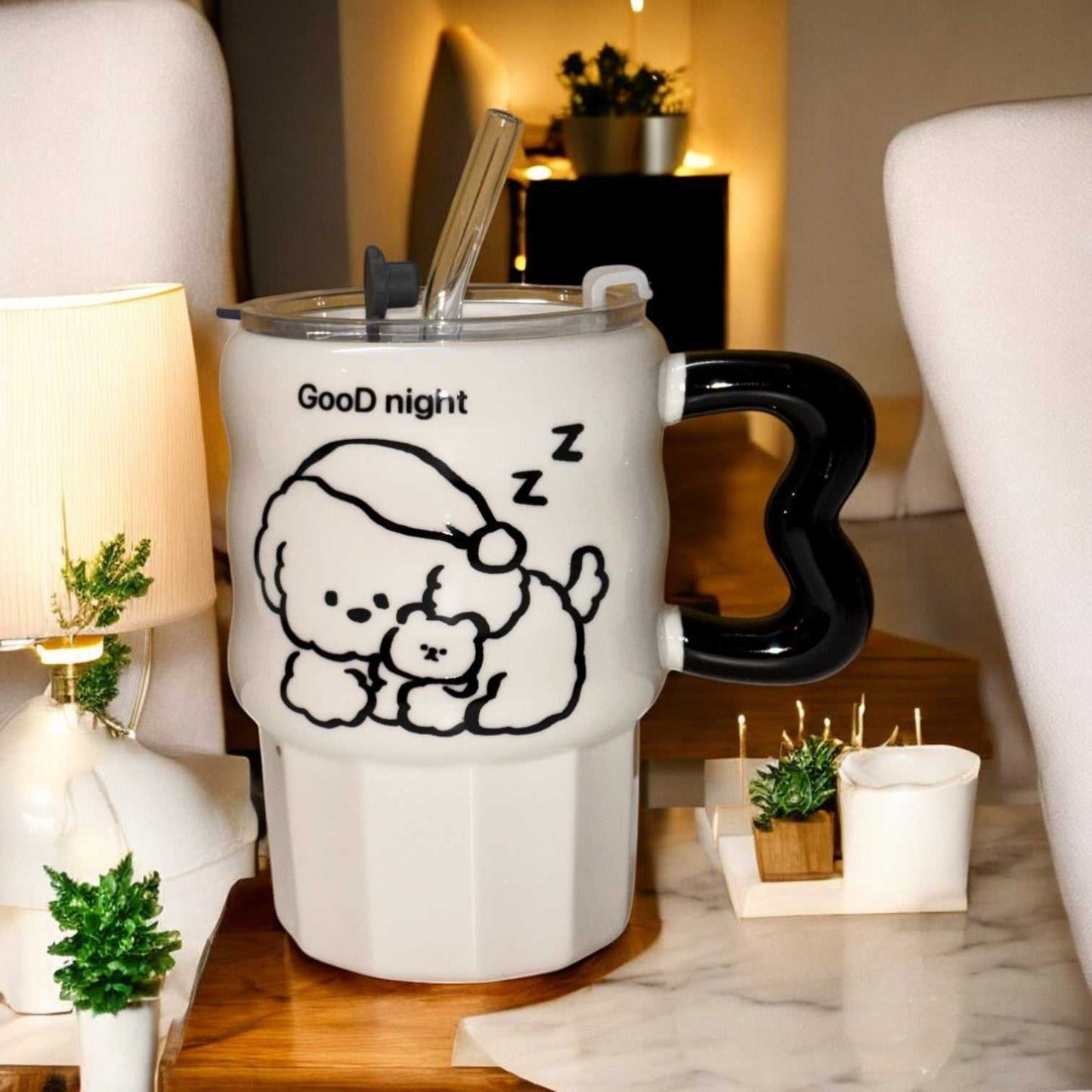 Multipurpose Puppy Ceramic Tumbler (With Straw and Lid)