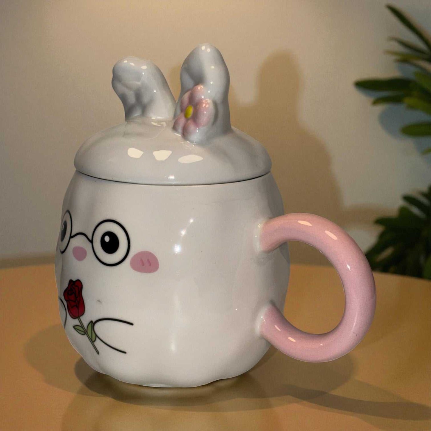 Blush Bunny Ceramic Mug (With Lid) - White