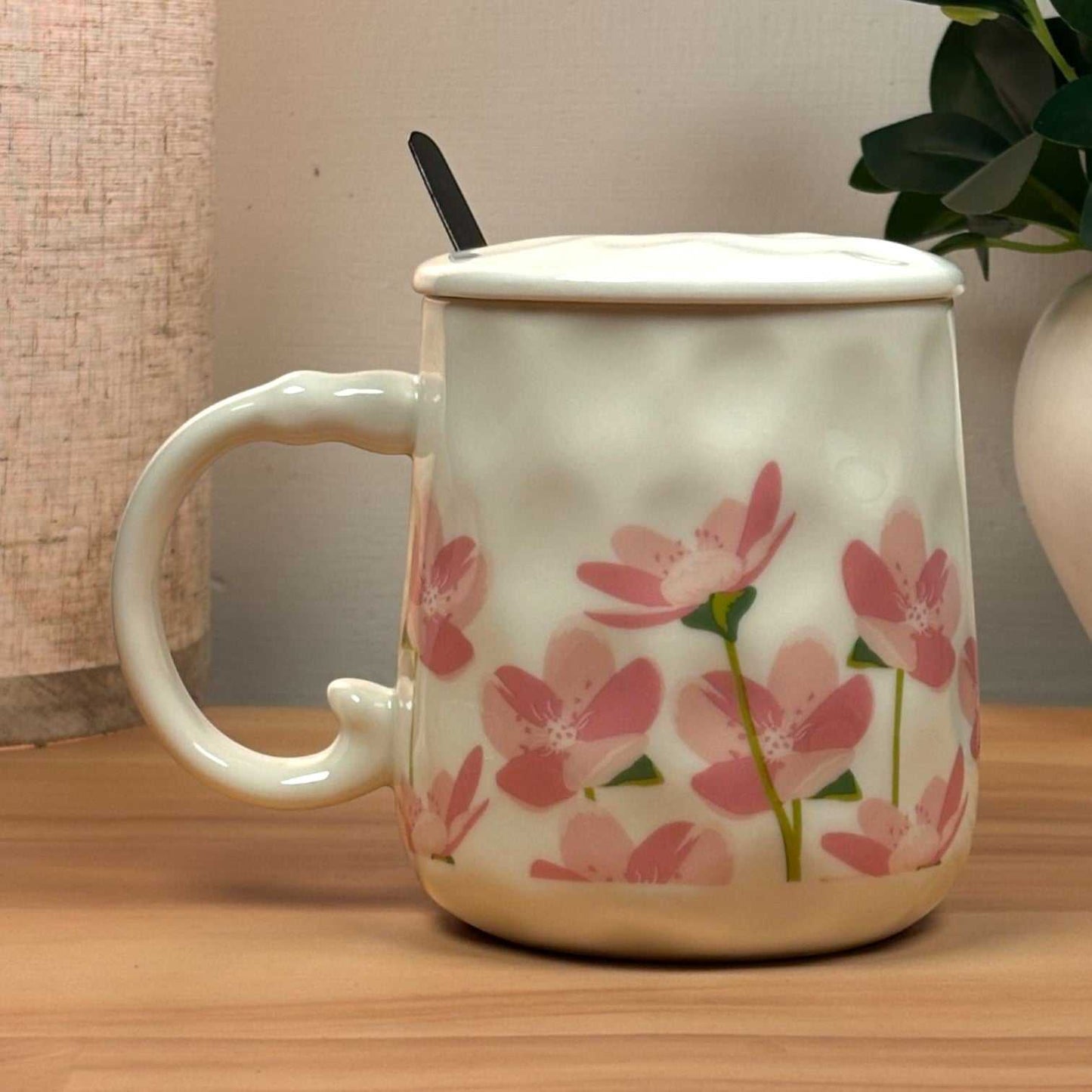 Blush Bloom Ceramic Mug (With Spoon and Lid) - Sakura Rise