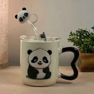Multipurpose Panda Mini Ceramic Tumbler (With Straw, Straw Cover and Lid)