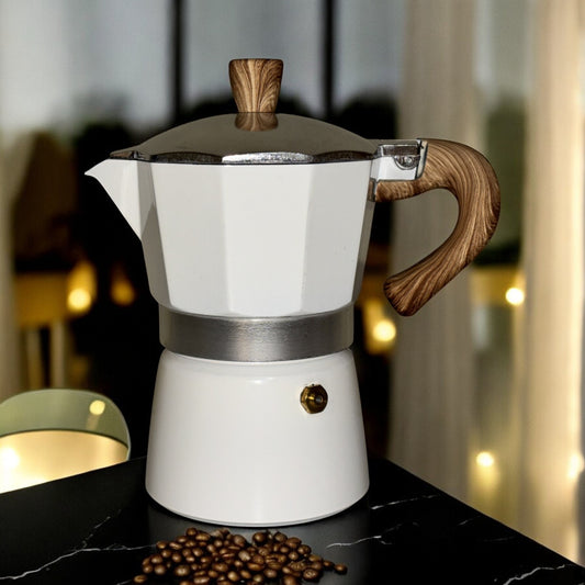 Moka Pot with Elegant Wooden Handle (150ml / 3 Cup) - White