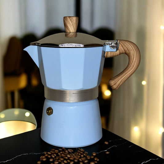 Moka Pot with Elegant Wooden Handle (150ml / 3 Cup) - Blue
