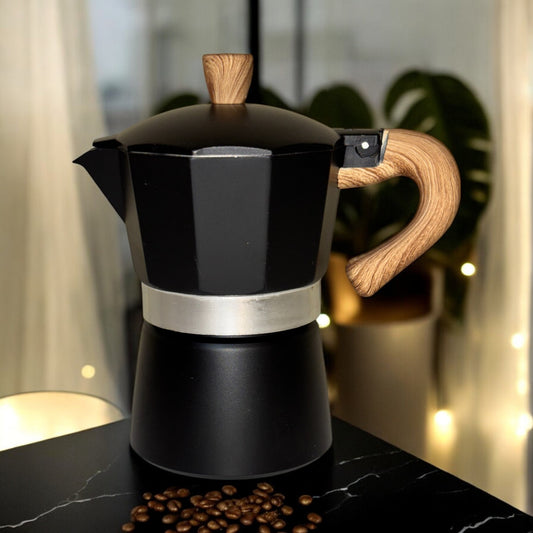 Moka Pot with Elegant Wooden Handle (150ml / 3 Cup) - Black