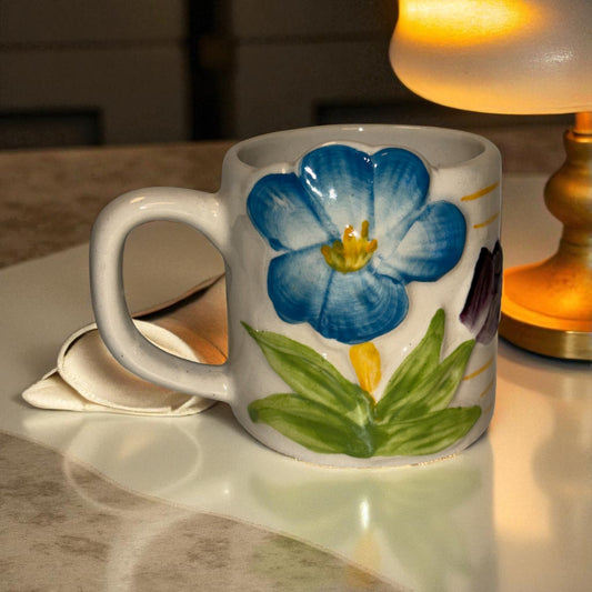 Sculpted Bloom Ceramic Cup - Blue