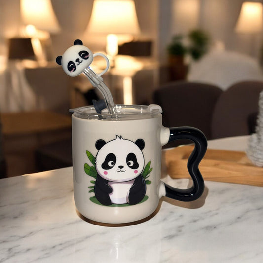 Multipurpose Panda Mini Ceramic Tumbler (With Straw, Straw Cover and Lid)