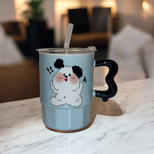 Multipurpose Blue Puppy Ceramic Tumbler (With Straw and Lid)