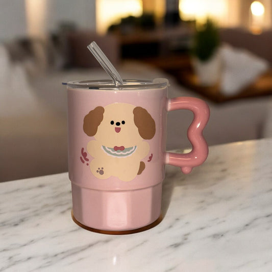 Multipurpose Pink Puppy Ceramic Tumbler (With Straw and Lid)