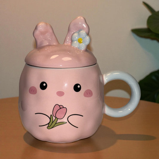 Blush Bunny Ceramic Mug (With Lid) - Pink