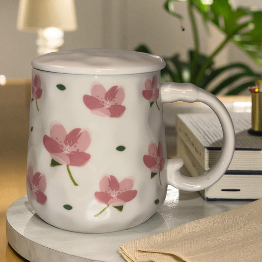 Blush Bloom Ceramic Mug (With Spoon and Lid) - Sakura