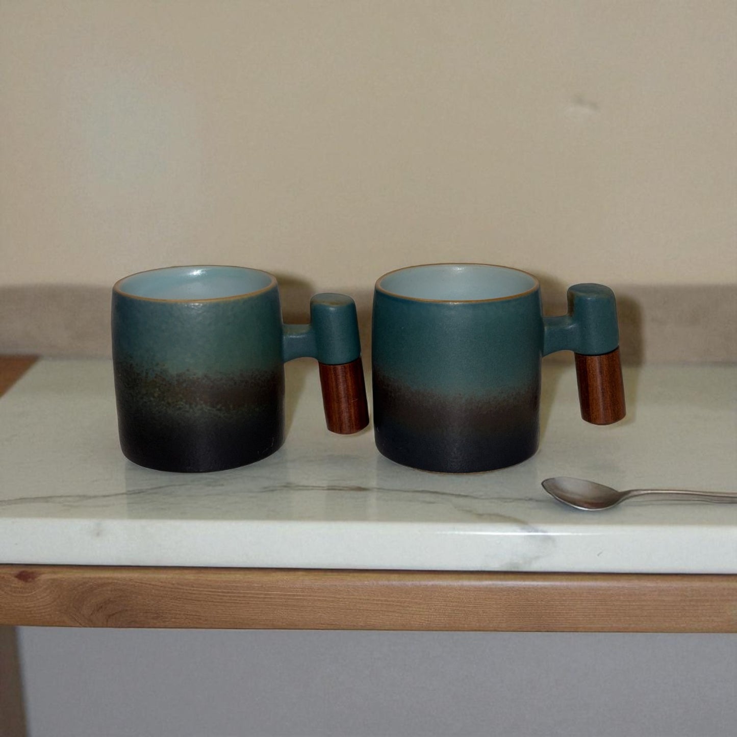 Wabi Fade Demitasse Cup (80 ml Espresso Cup) - Green and Black - Wooden handle