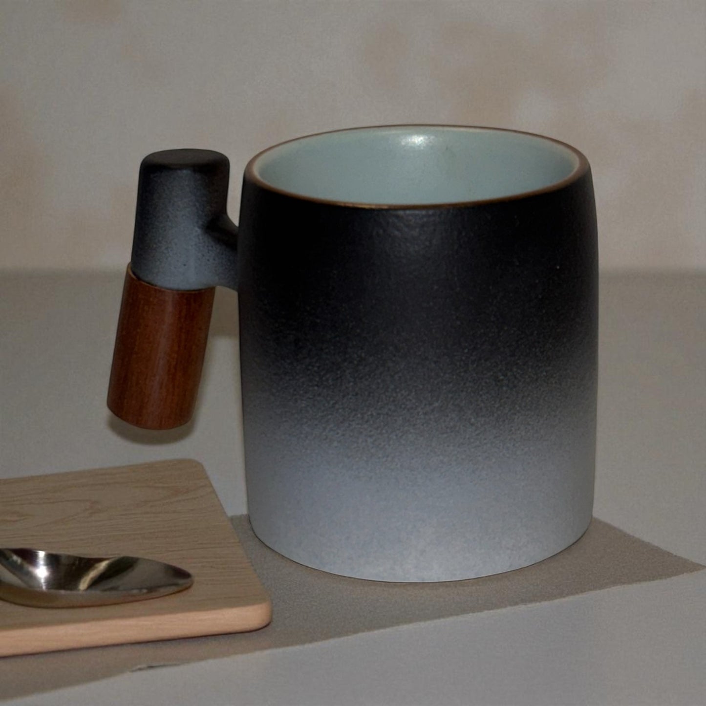 Wabi Fade Demitasse Cup (80 ml Espresso Cup) - Black and White - Wooden Handle