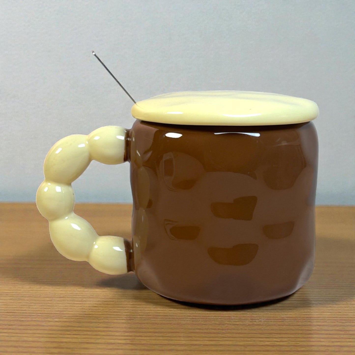 Pastel Pup Ceramic Mug (With Spoon and Lid) - Brown