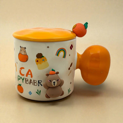 Tangy Teddy Ceramic Cup (With Spoon and Lid) - Orange