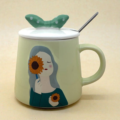 Serene Savage Ceramic Cup (With Spoon and Lid) - Sunflower
