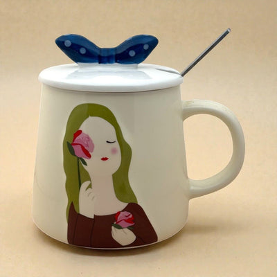 Serene Savage Ceramic Cup (With Spoon and Lid) - Rose