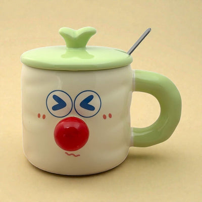 Whimsy Moods Ceramic Cup (With Spoon and Lid) - Green