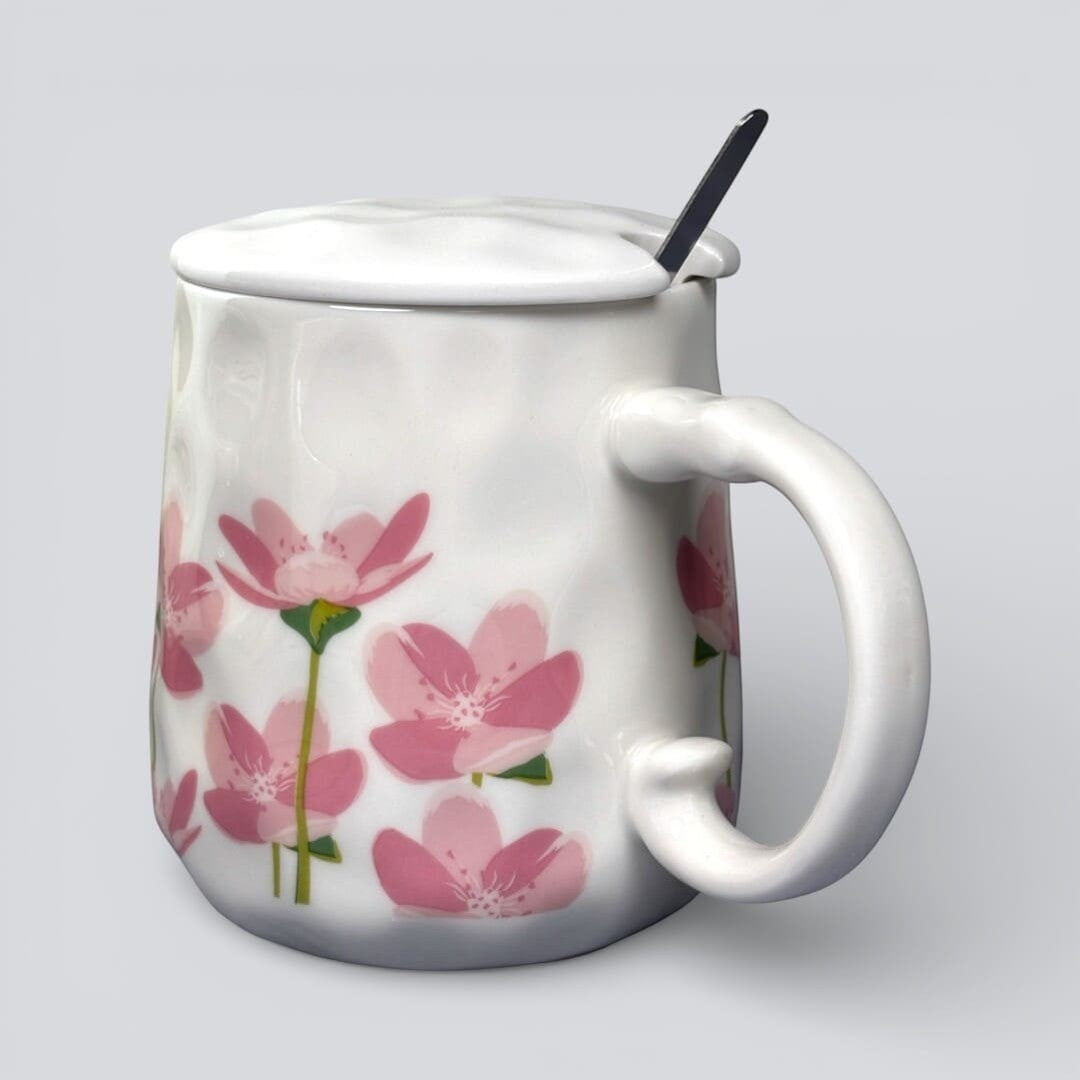 Blush Bloom Ceramic Mug (With Spoon and Lid) - Sakura Rise