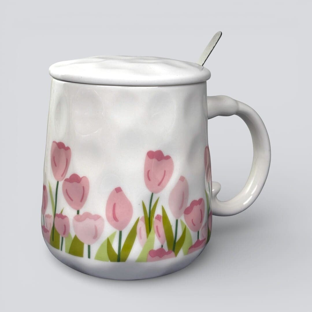 Blush Bloom Ceramic Mug (With Spoon and Lid) - Tulip Rise