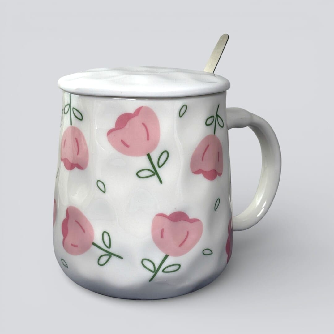 Blush Bloom Ceramic Mug (With Spoon and Lid) - Tulip