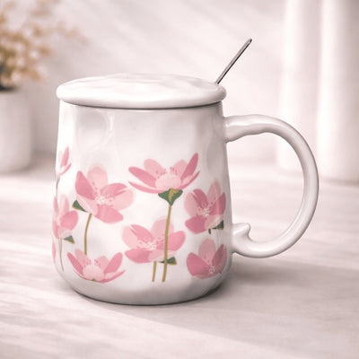 Blush Bloom Ceramic Mug (With Spoon and Lid) - Sakura Rise