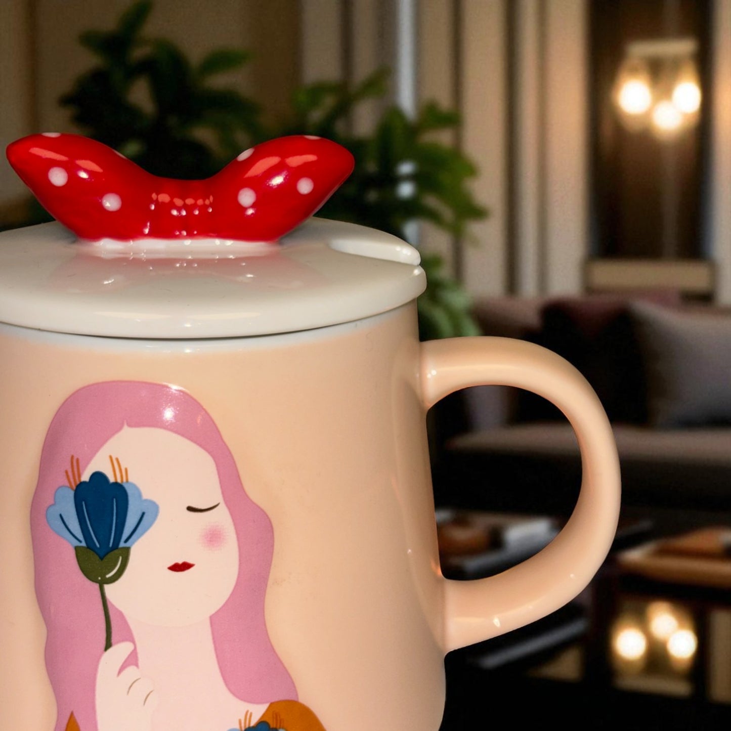 Serene Savage Ceramic Cup (With Spoon and Lid) - Cornflower