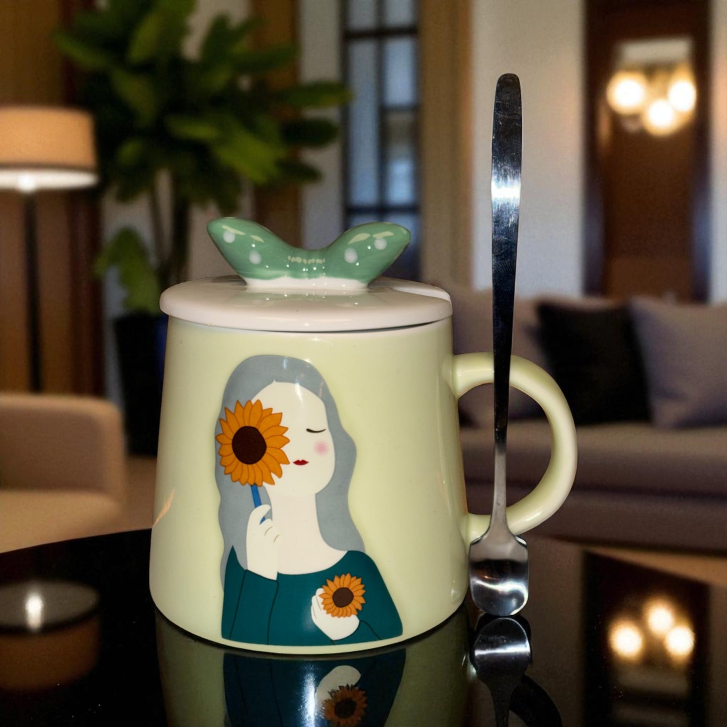 Serene Savage Ceramic Cup (With Spoon and Lid) - Sunflower