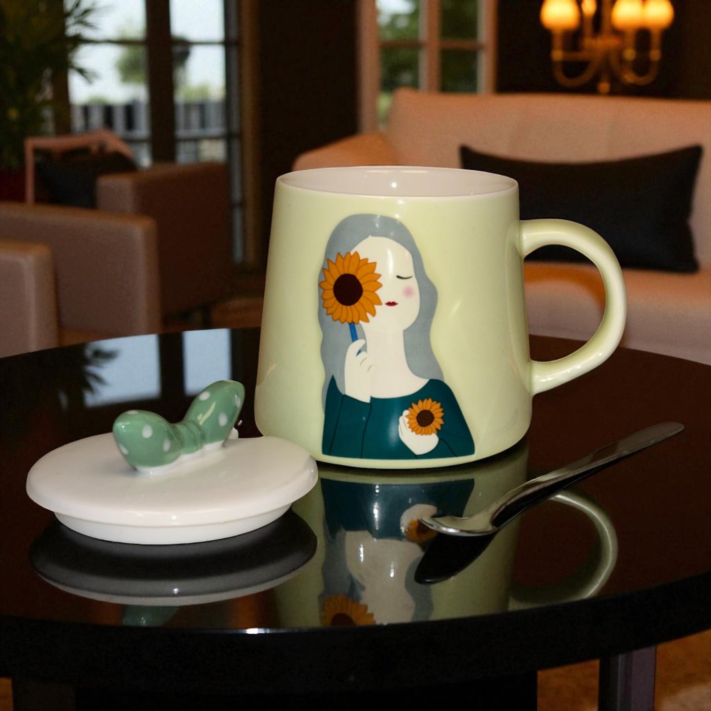 Serene Savage Ceramic Cup (With Spoon and Lid) - Sunflower