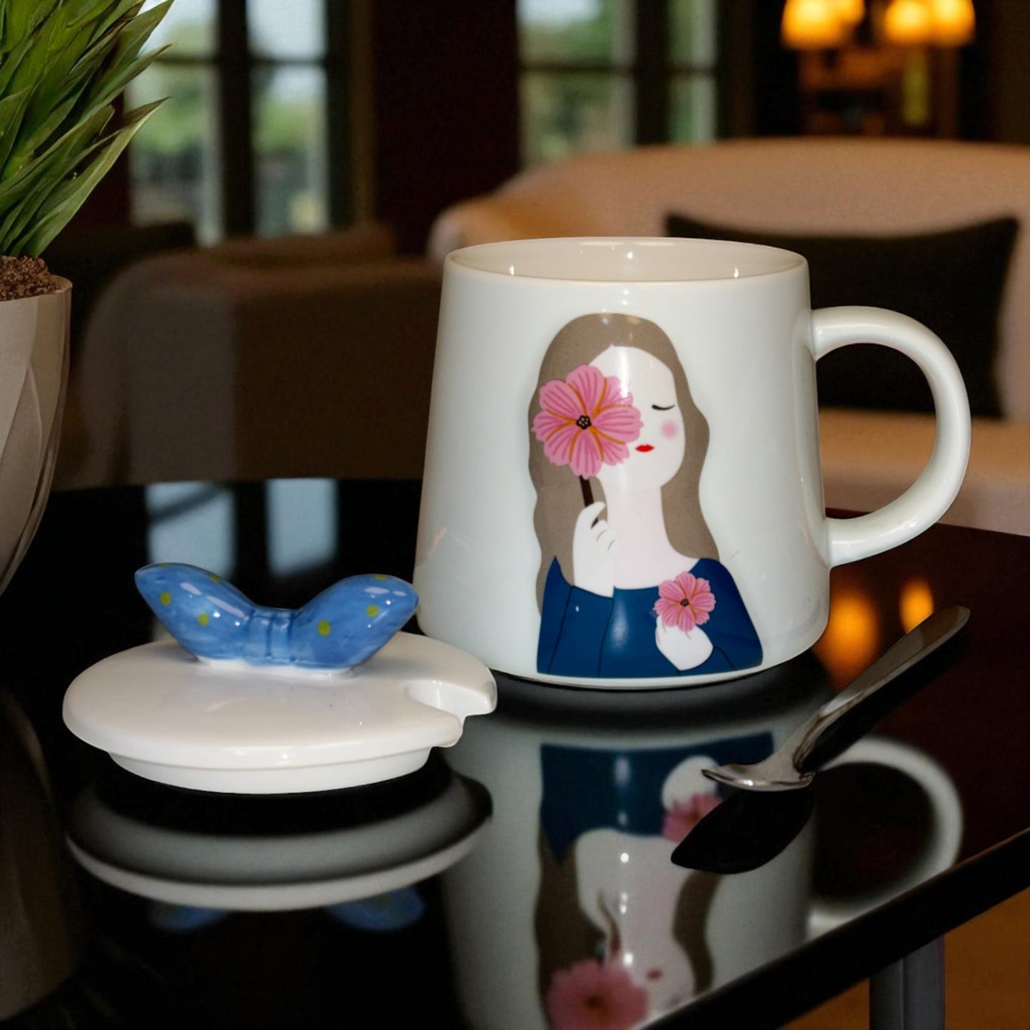 Serene Savage Ceramic Cup (With Spoon and Lid) - Cosmos