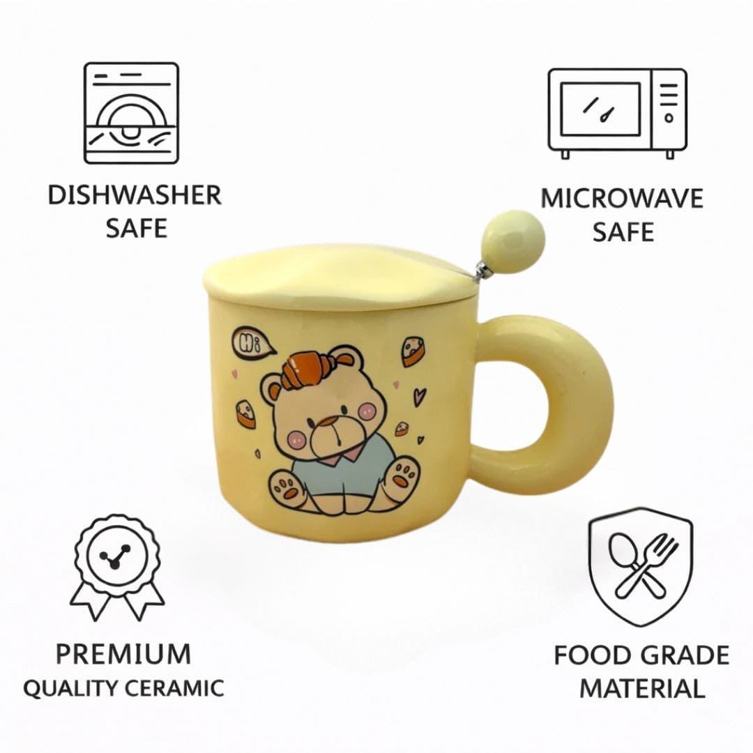 Tiny Greets Ceramic Mug (With Spoon and Lid) - Teddy