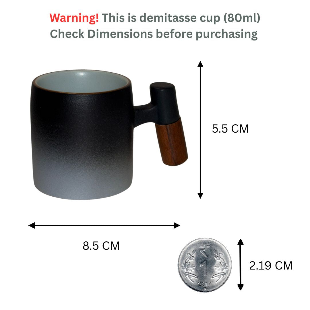 Wabi Fade Demitasse Cup (80 ml Espresso Cup) - Black and White - Wooden Handle