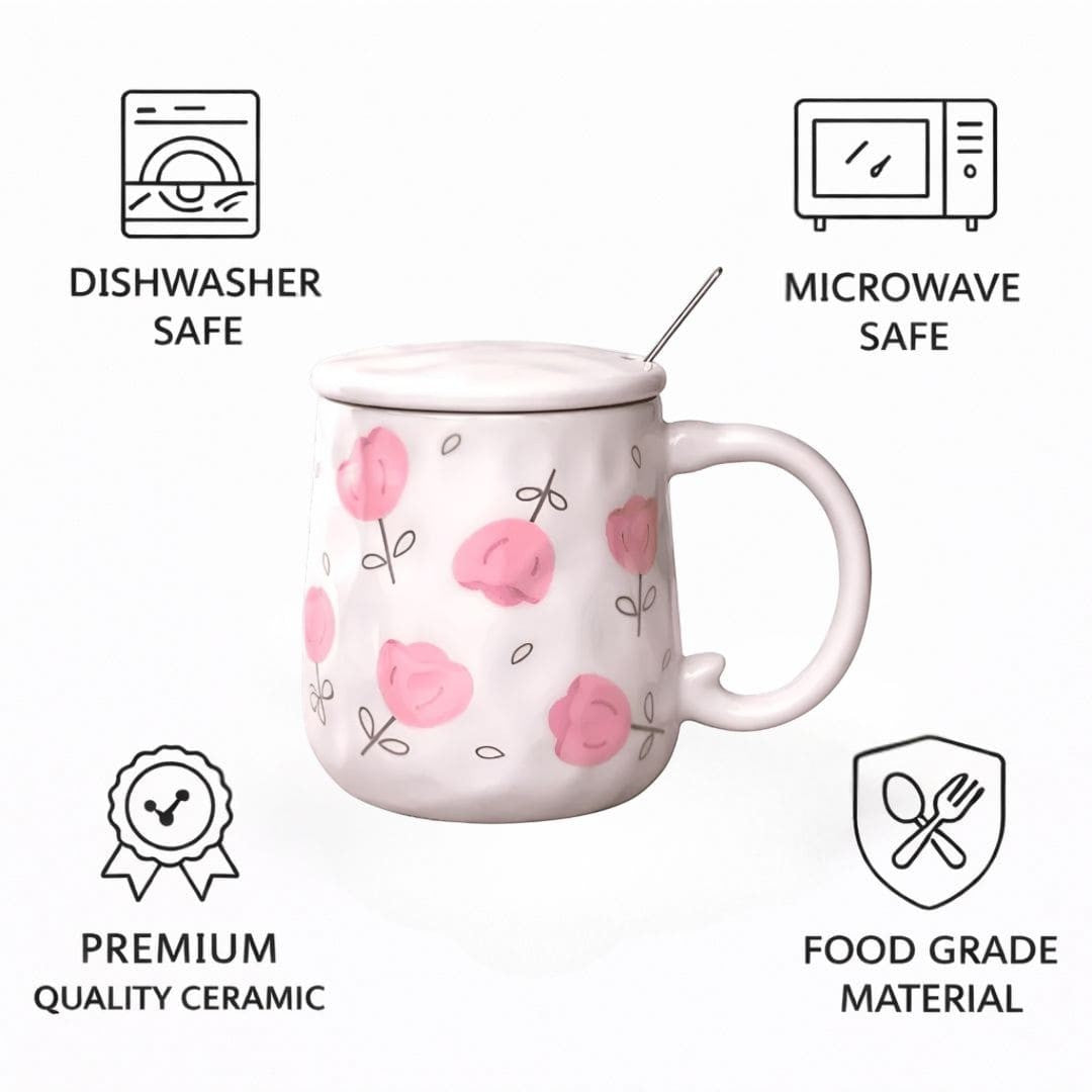 Blush Bloom Ceramic Mug (With Spoon and Lid) - Tulip