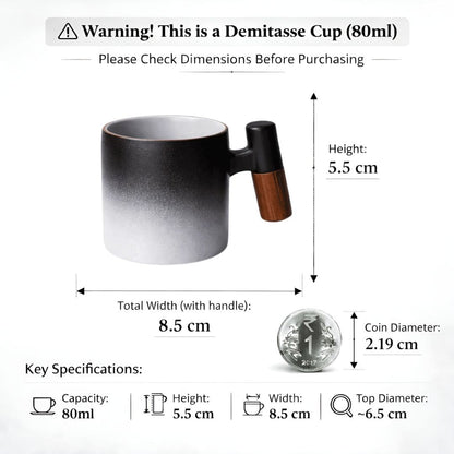Wabi Fade Demitasse Cup (80 ml Espresso Cup) - Black and White - Wooden Handle