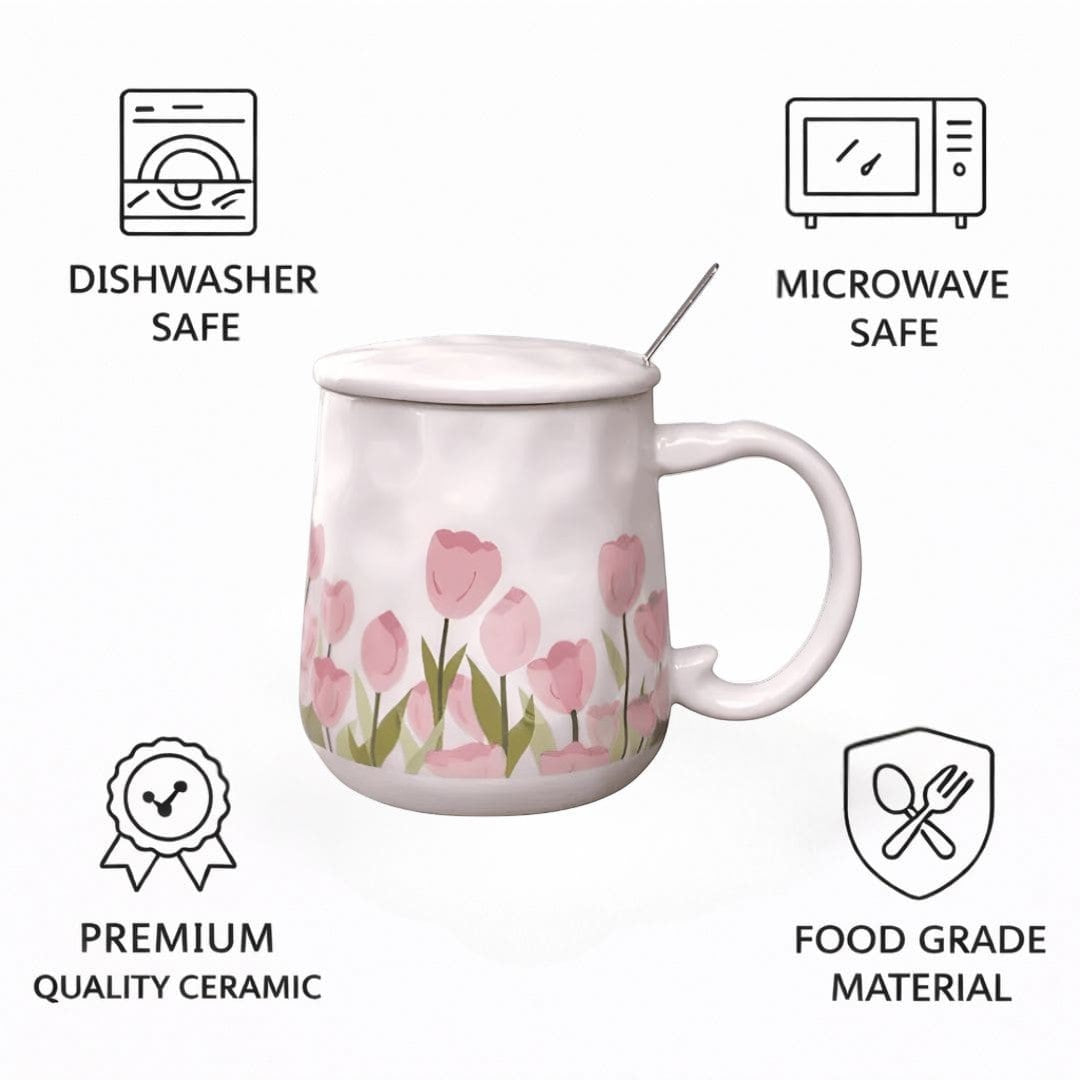 Blush Bloom Ceramic Mug (With Spoon and Lid) - Tulip Rise