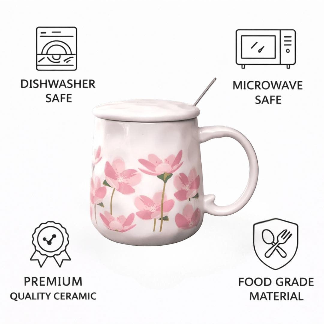 Blush Bloom Ceramic Mug (With Spoon and Lid) - Sakura Rise