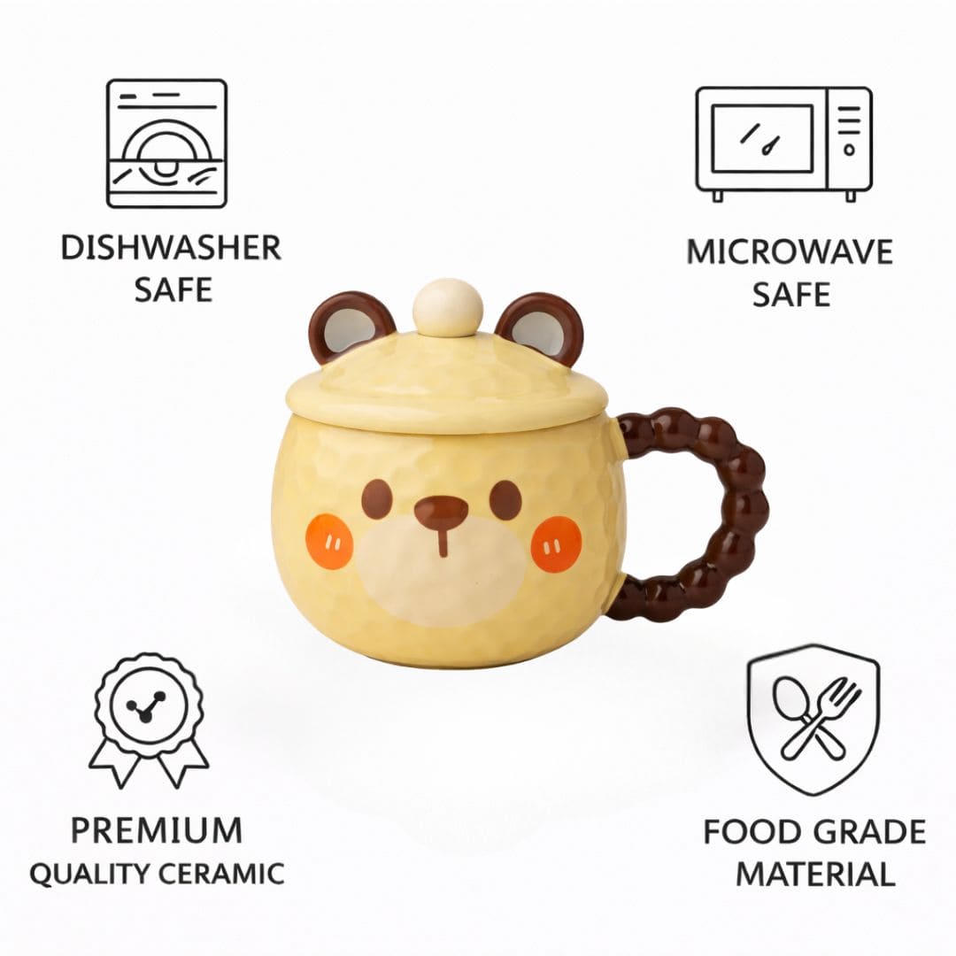 Mellow Bear Ceramic Mug (With Spoon and Lid) - Yellow