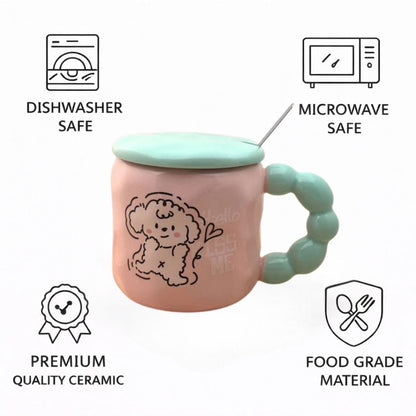 Pastel Pup Ceramic Mug (With Spoon and Lid) - Pink