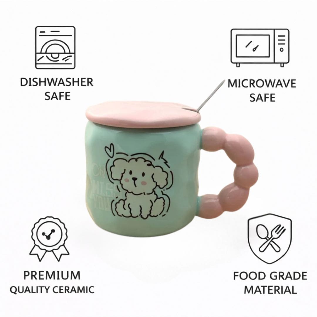 Pastel Pup Ceramic Mug (With Spoon and Lid) - Blue