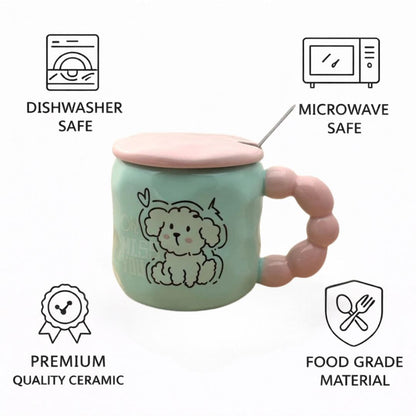 Pastel Pup Ceramic Mug (With Spoon and Lid) - Blue