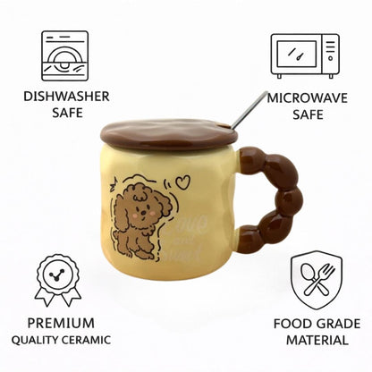 Pastel Pup Ceramic Mug (With Spoon and Lid) - Biege