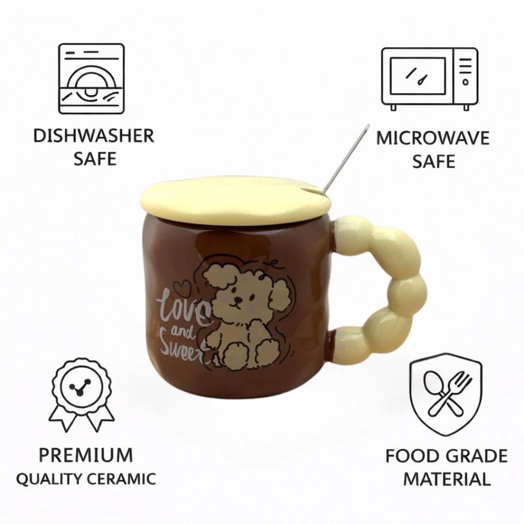 Pastel Pup Ceramic Mug (With Spoon and Lid) - Brown