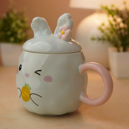 Blush Bunny Ceramic Mug (With Lid) - Blue
