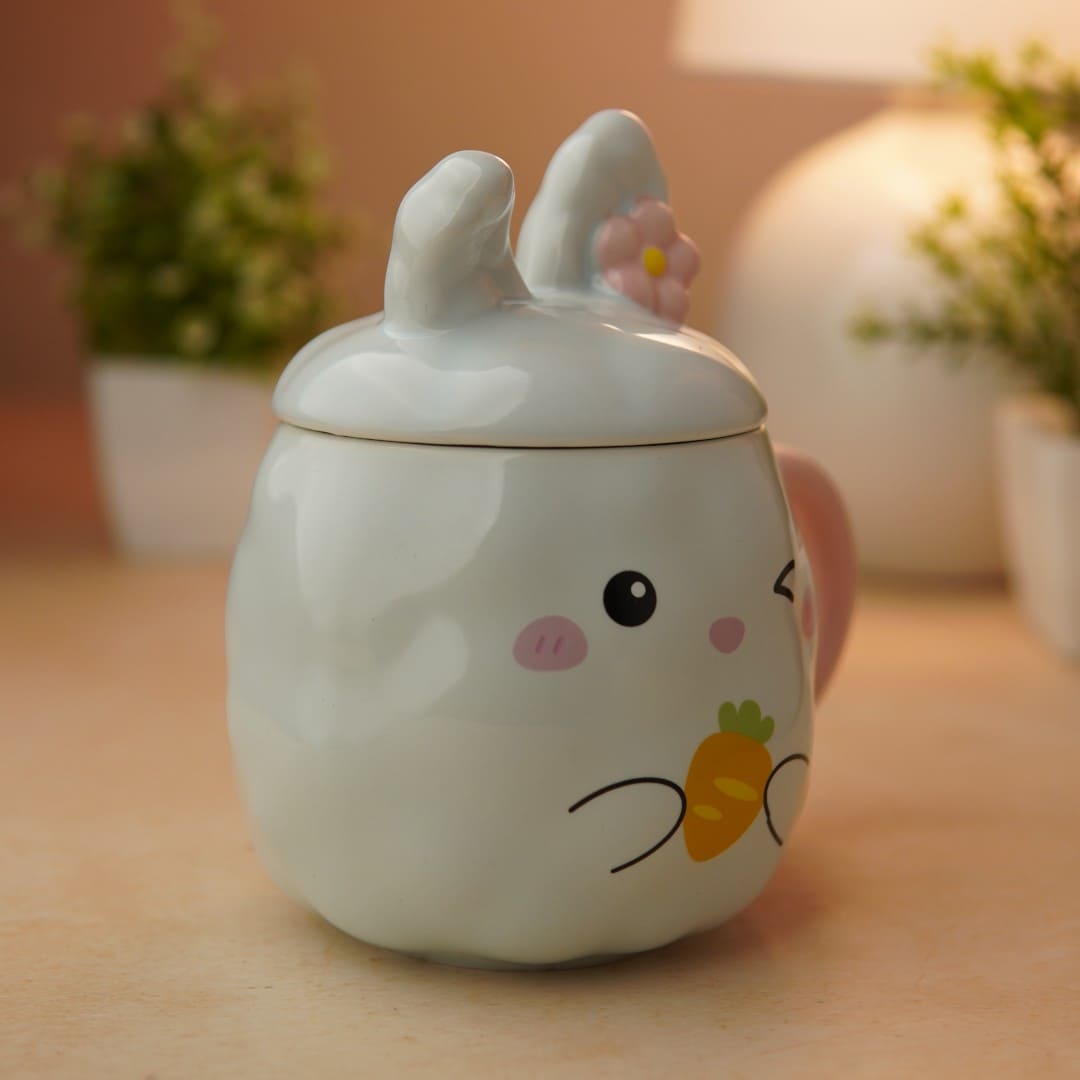 Blush Bunny Ceramic Mug (With Lid) - Blue