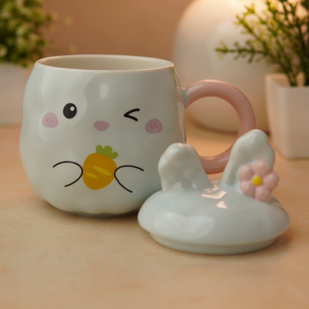 Blush Bunny Ceramic Mug (With Lid) - Blue