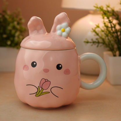 Blush Bunny Ceramic Mug (With Lid) - Pink