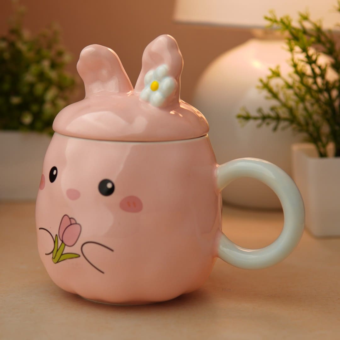 Blush Bunny Ceramic Mug (With Lid) - Pink