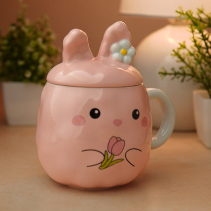 Blush Bunny Ceramic Mug (With Lid) - Pink